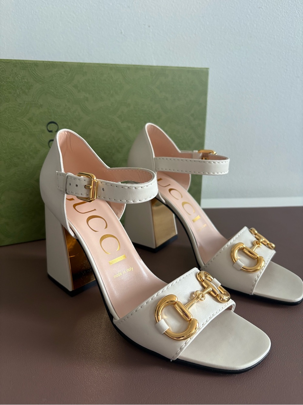 GUCCI Horsebit Block Heel Open Toe Sandals Nappa Leather size 39.5 / US 9.5